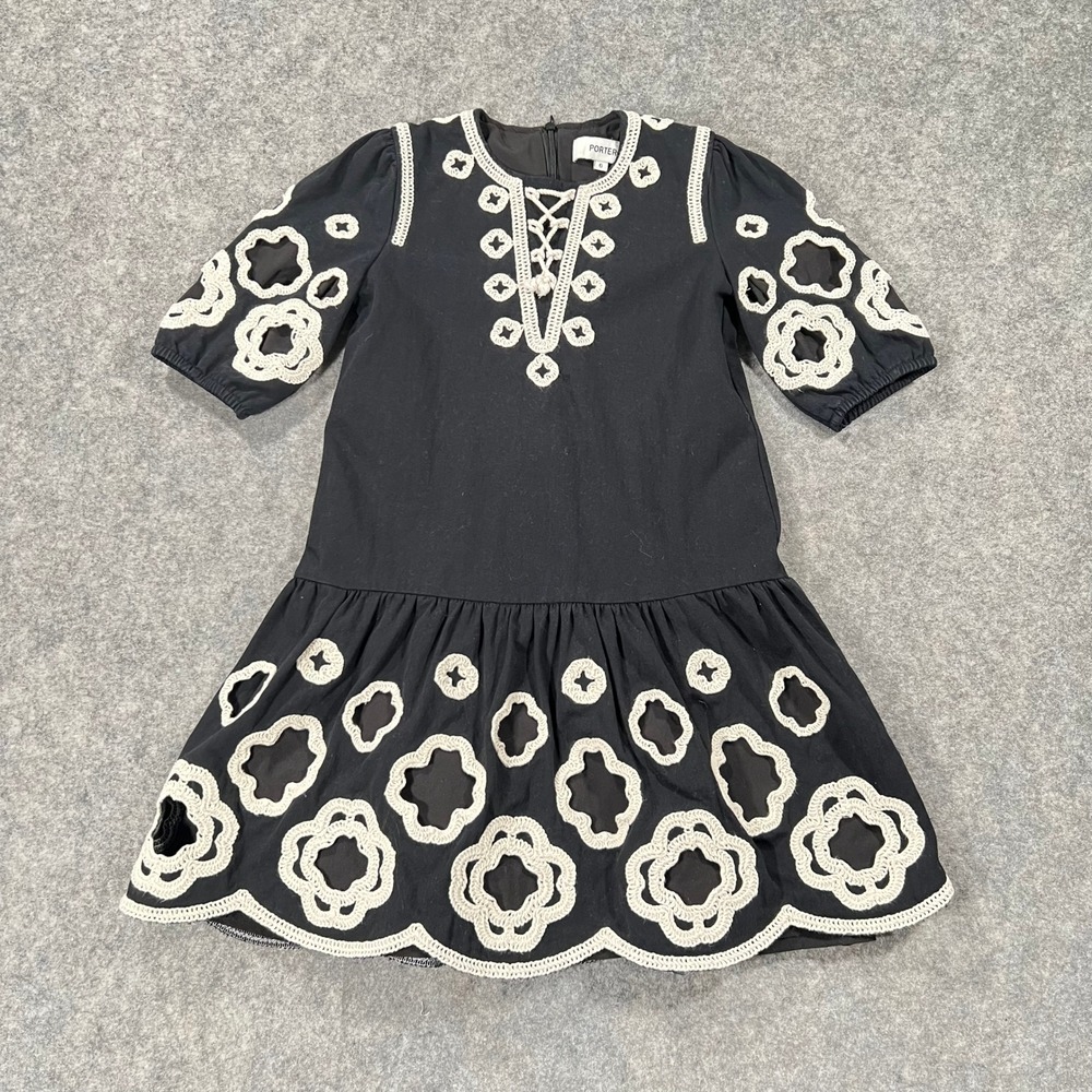 Porter Dress Girls 6 Black Crochet Floral Drop Waist Scalloped Zip Boho Mini